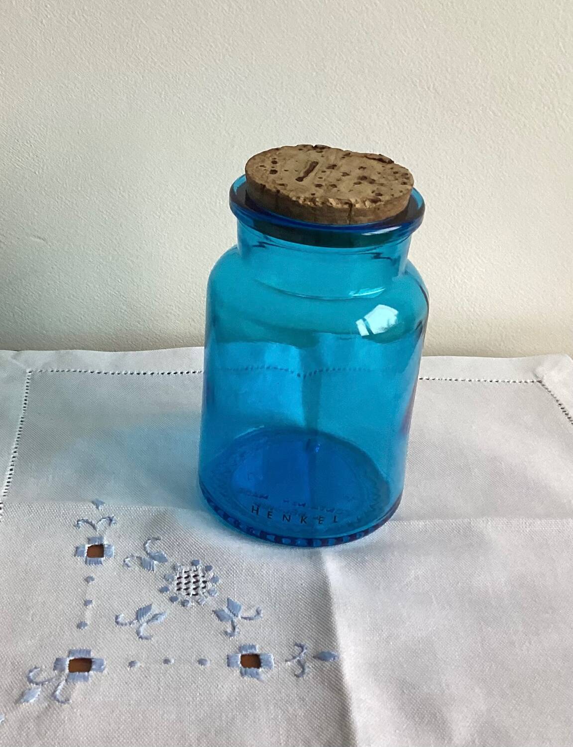 Blue glass jar with Henkel cork stopper - vintage