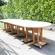 Rare set de 6 tables Baumann 1990, 80x120 et demi lune 120cm
