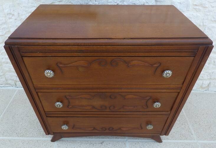 Art Deco chest of drawers with 3 drawers, brass flower handle, solid wood - Very beautiful