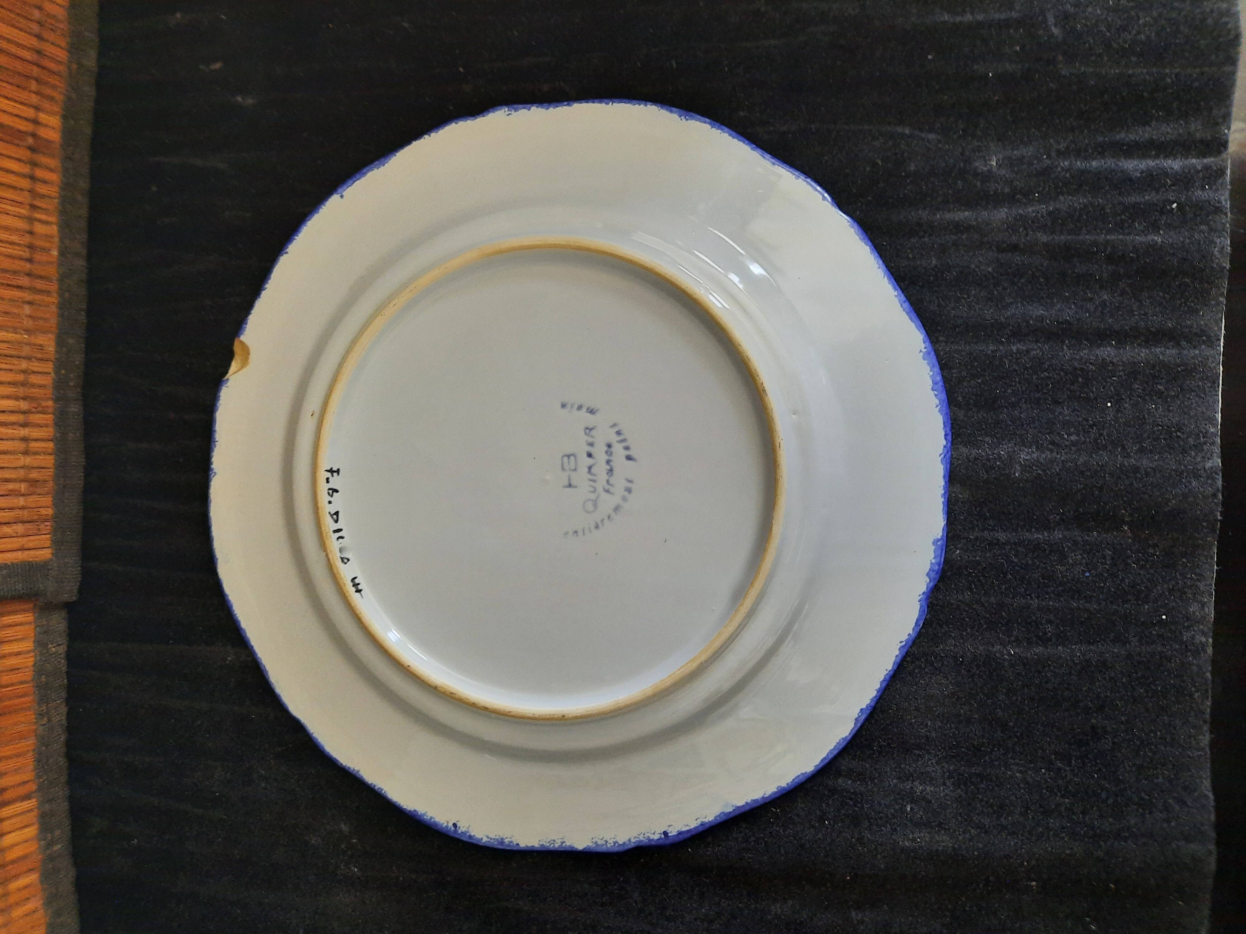 Old flat plate faience hb quimper hand-painted floral decoration