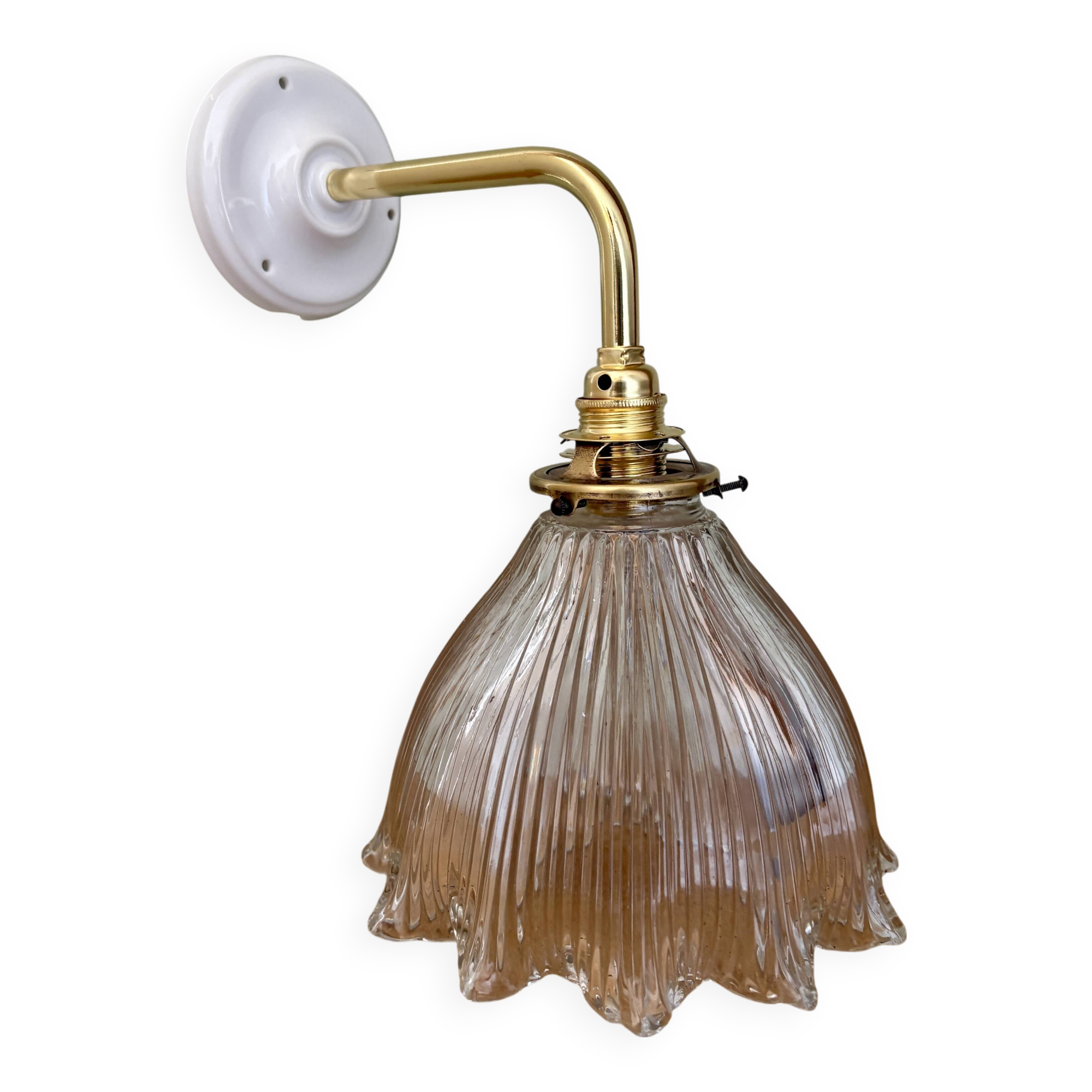 Elbow wall lamp with vintage holophane glass shade