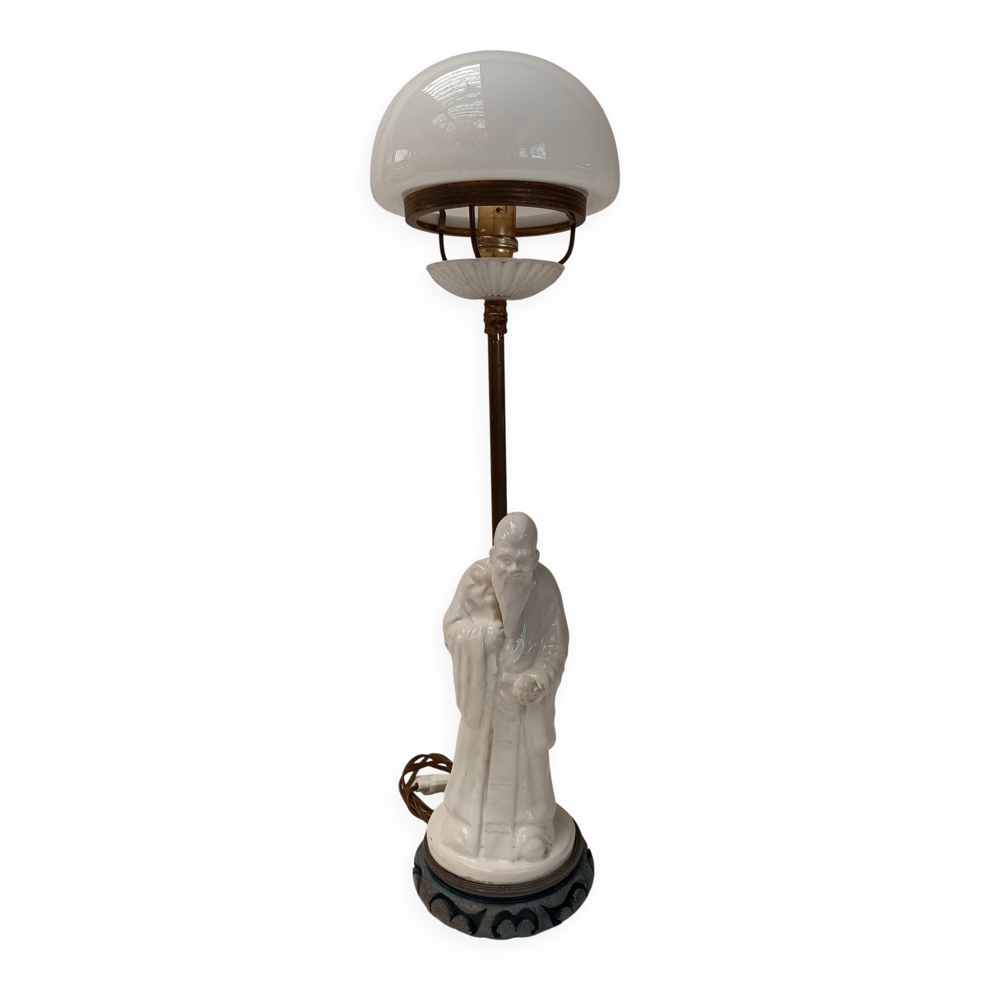 lampe ancienne porcelaine blanche opaline personnage SHOU 51 cm