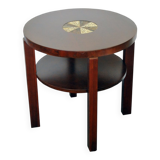 Round Art Deco side table from the 1930s, brown wood with glass mosaic inlay.