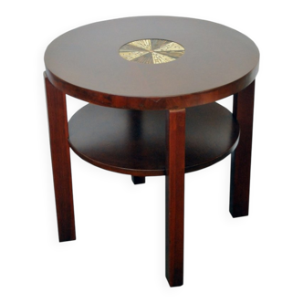 Round Art Deco side table from the 1930s, brown wood with glass mosaic inlay.