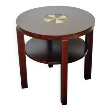 Round Art Deco side table from the 1930s, brown wood with glass mosaic inlay.