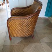 Woven rattan armchair and exotic wood in colonial style, 1980s.