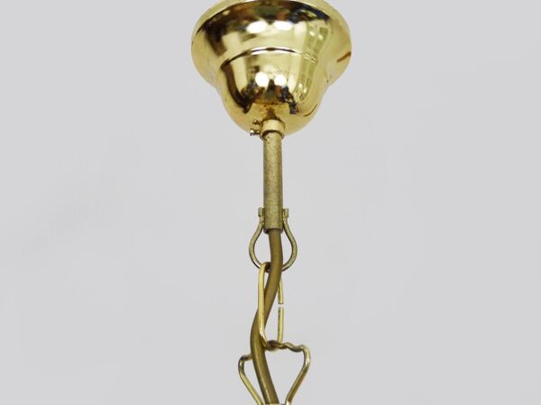 Ancienne suspension florale à 3 feux en métal doré, pampilles en verre. 80