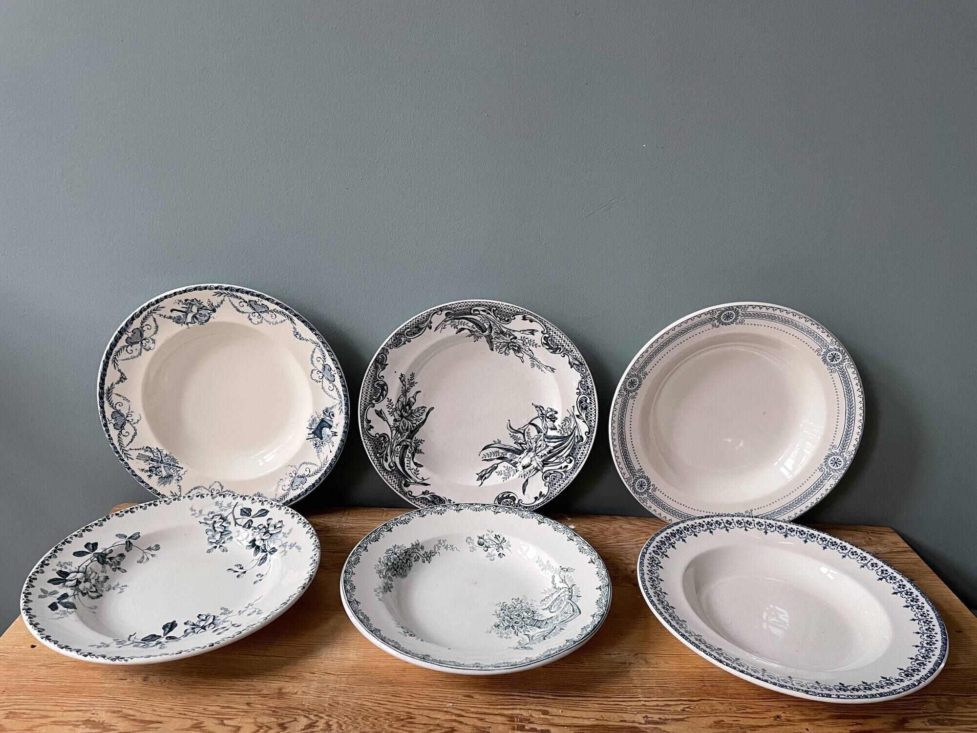 Set of 6 old Hollow Plates Earth of Iron mismatched