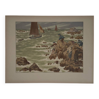 Lithograph by Henri Rivière, "Au Vent de Noroît - Les Mousses"