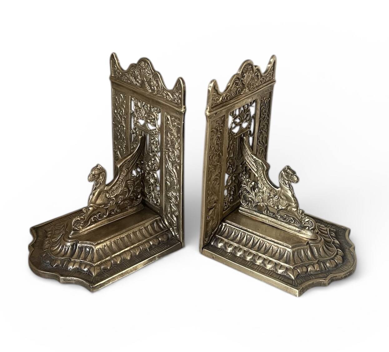 pair of Gothic decorative bookends in brass 1920