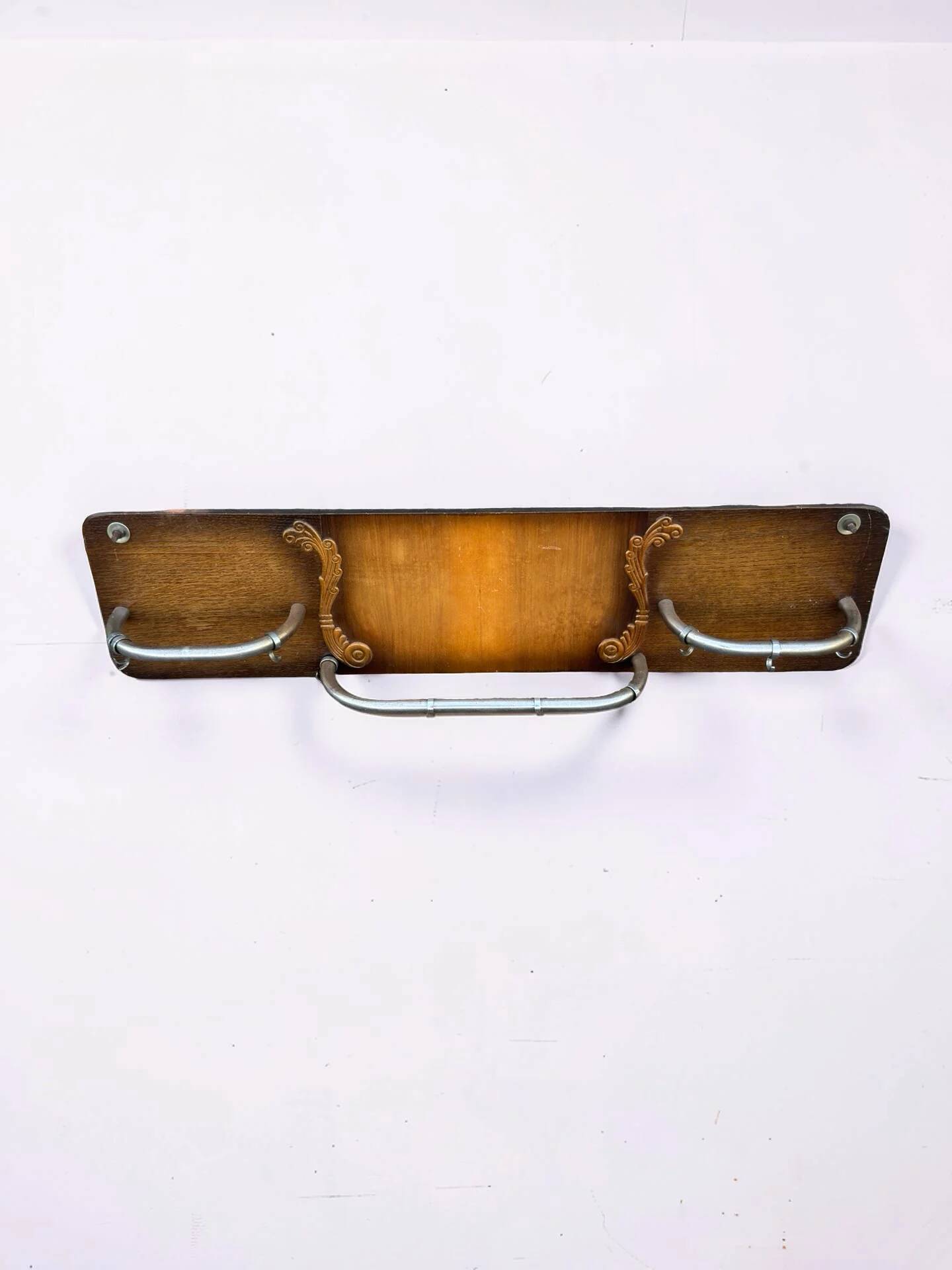 Vintage wooden coat rack with chrome hooks