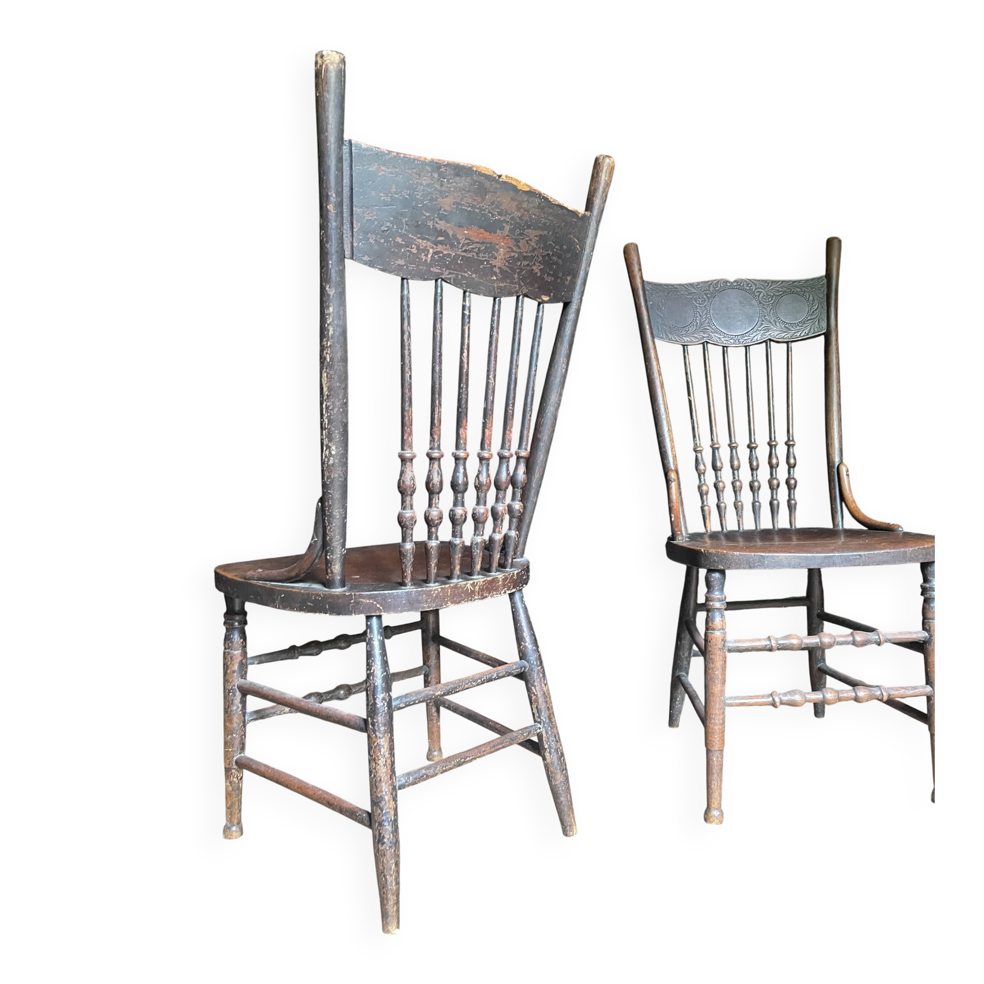 Pair of Antique Country Chairs with Carved Crest Rails | Vernacular Spindle