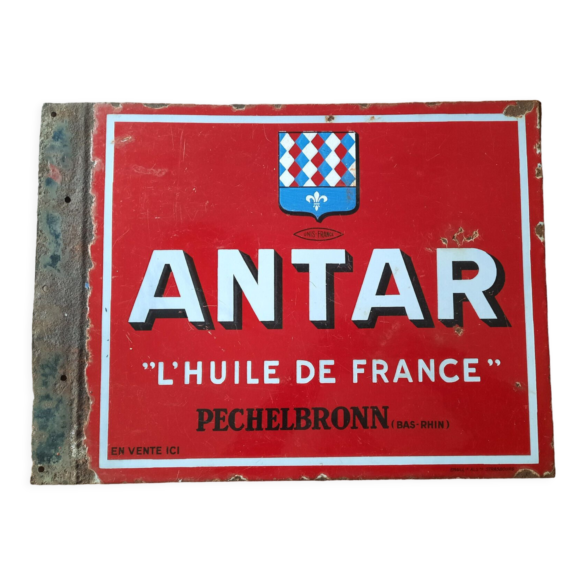 Old enamelled plate "antar l'huile de france" 45x54cm 1950