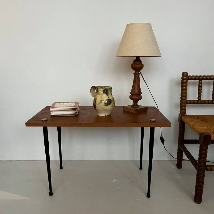Table basse vintage bois, laiton, métal