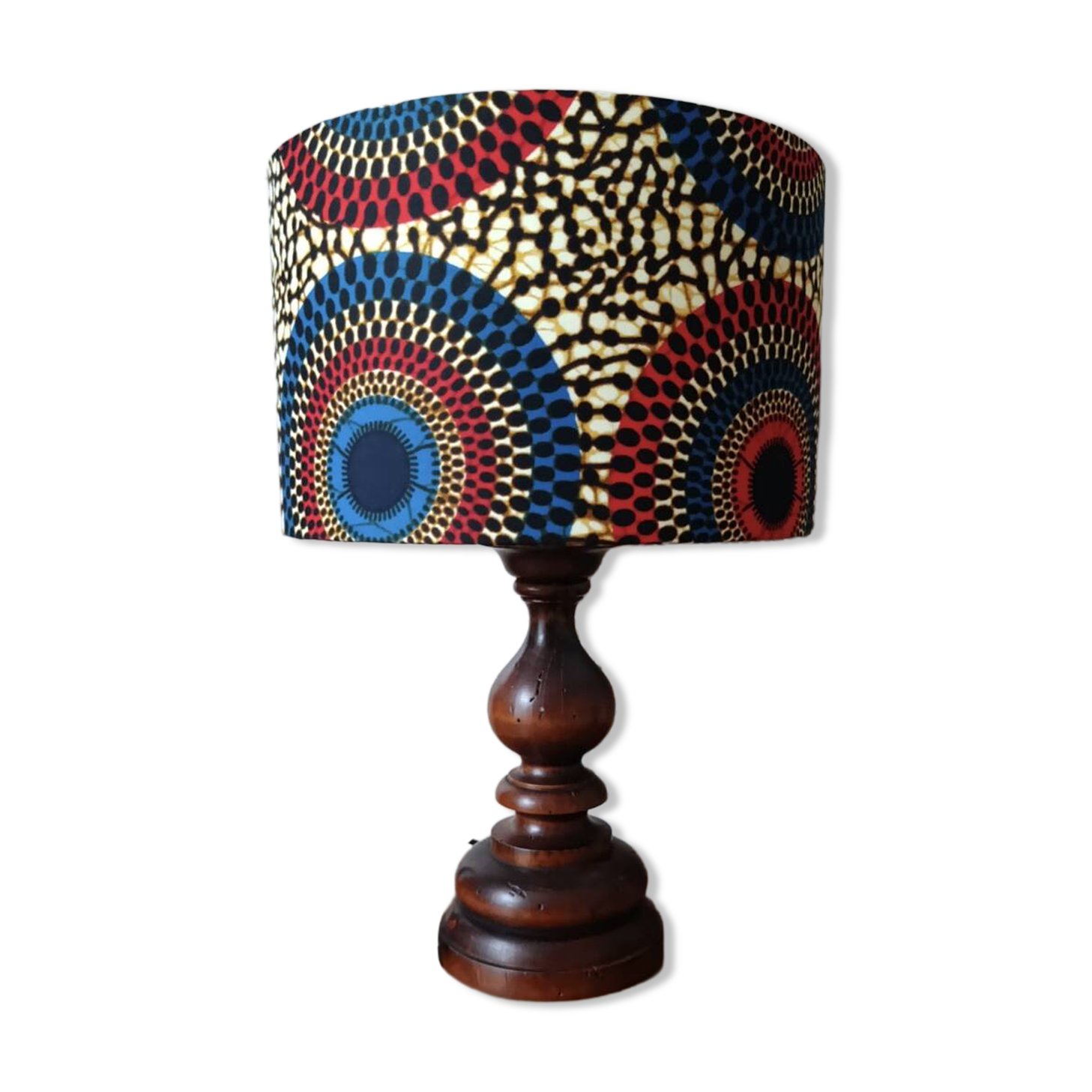 Lampe bois massif rustique chic, abat-jour wax ethnique cercles