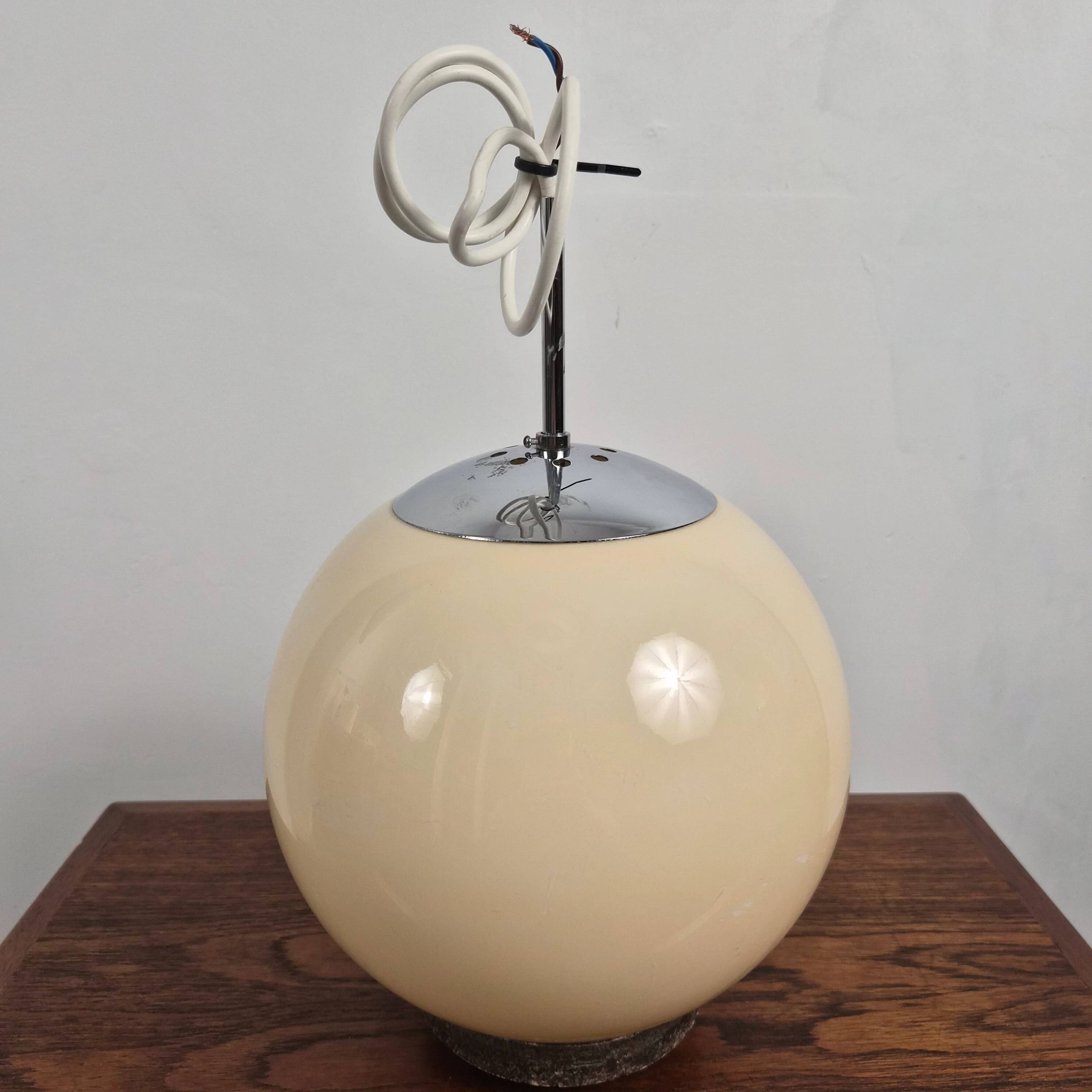 Cream and chrome glass suspension globe, Denmark, 1970.