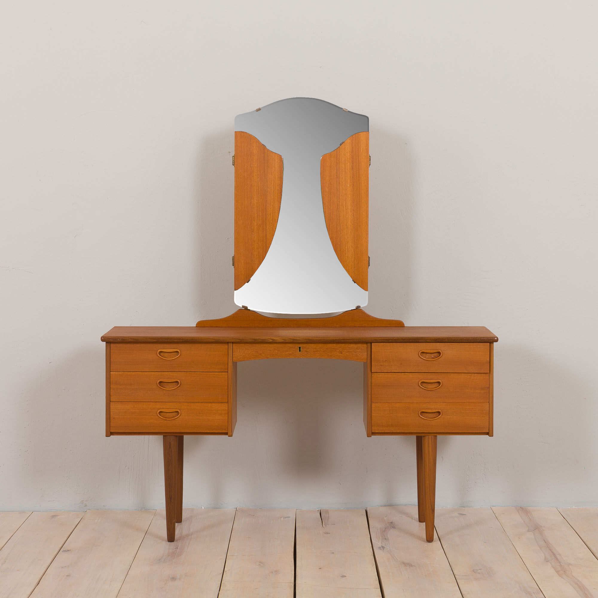 Vintage Scandinavian teak dressing table with adjustable mirrors and 7 drawers, Denmark 1960s