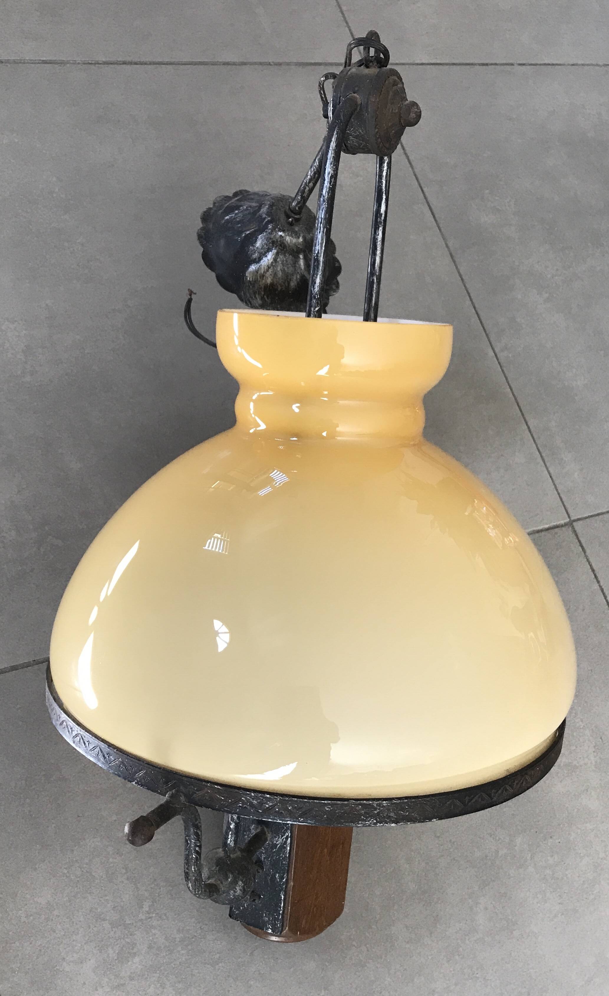 Suspension vintage wood and iron chandelier with yellow opaline lampshade
