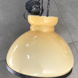 Suspension vintage wood and iron chandelier with yellow opaline lampshade