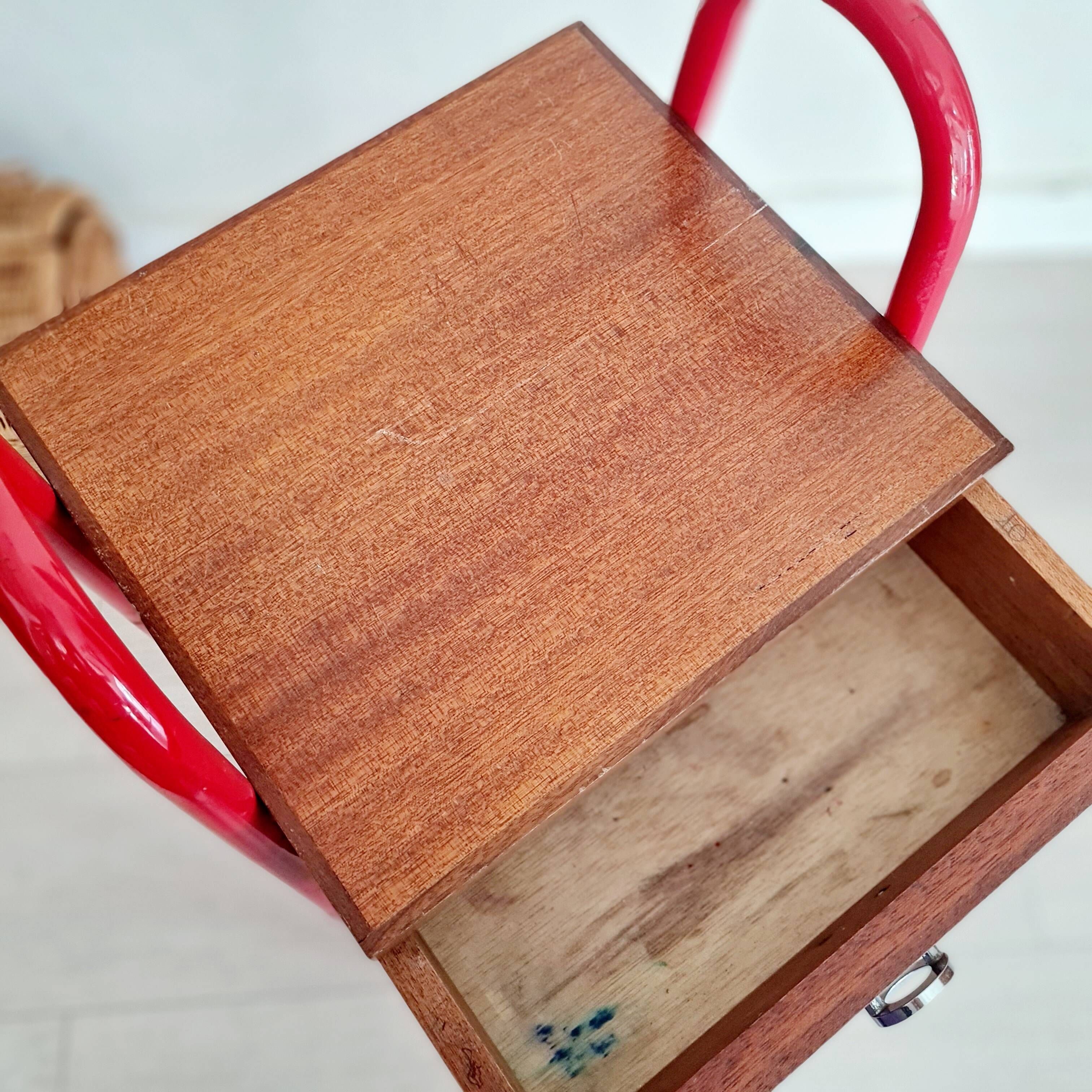 Small piece of furniture - boarding school type bedside table wood red metal