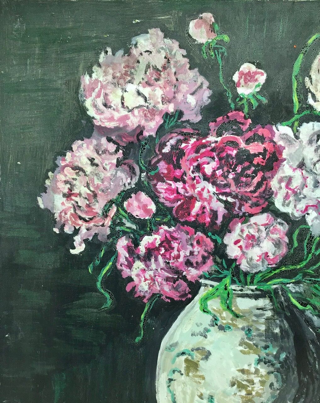 Painting, still life with carnations, glass and basket of grapes, signed, 70s/80s
