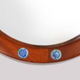 French round wooden mirror with elegant blue and white glass decoration, 19