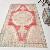 4x7 Red & Cream Antique Vintage Rug, 129x216Cm SK 22247