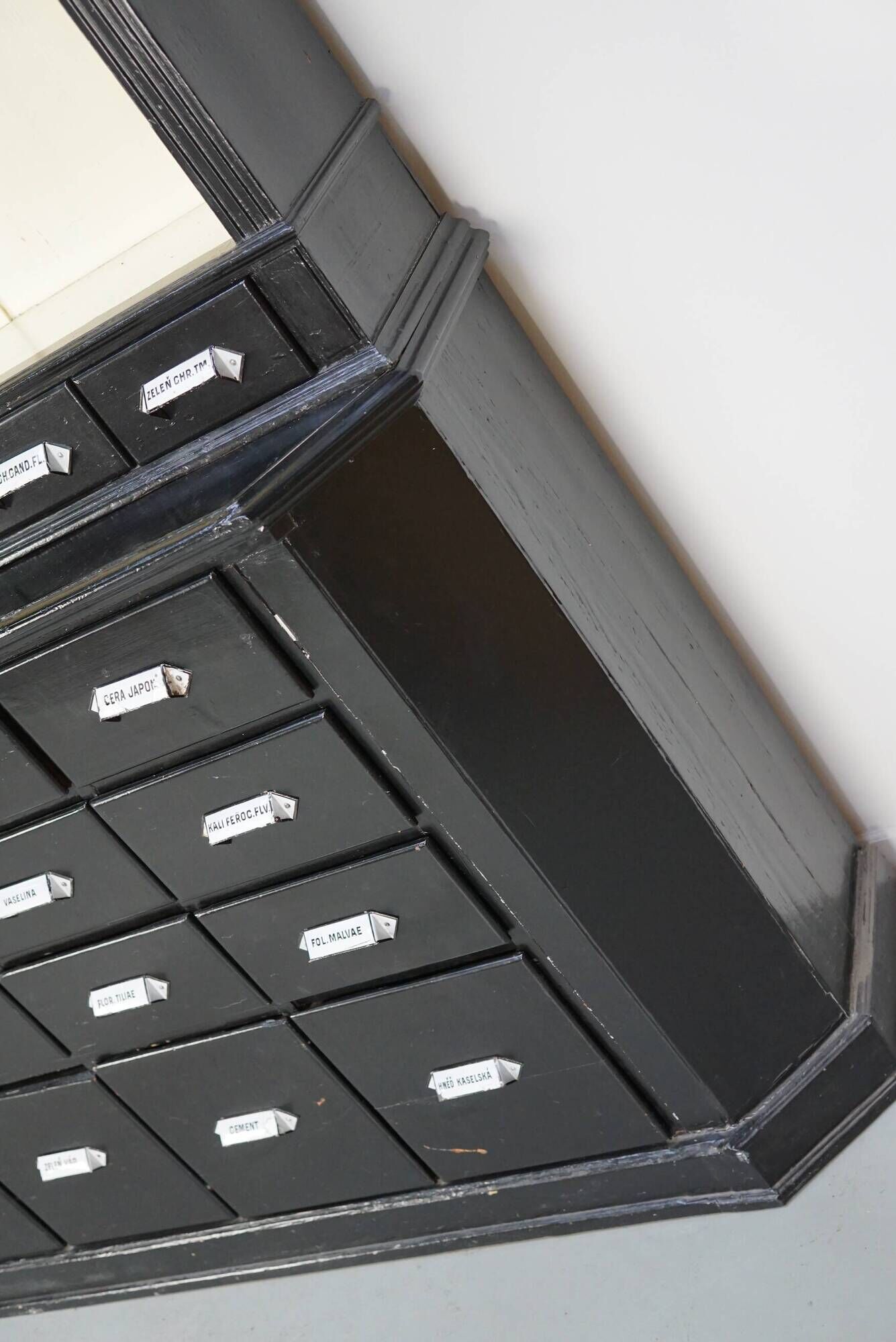 Large pair of antique apothecary cabinets painted black, Eastern Europe, 1910s