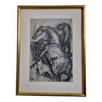 Preparatory study, charcoal sketch by Maurice de Bus – Gilded frame, 32 x 42 cm