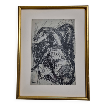 Preparatory study, charcoal sketch by Maurice de Bus – Gilded frame, 32 x 42 cm