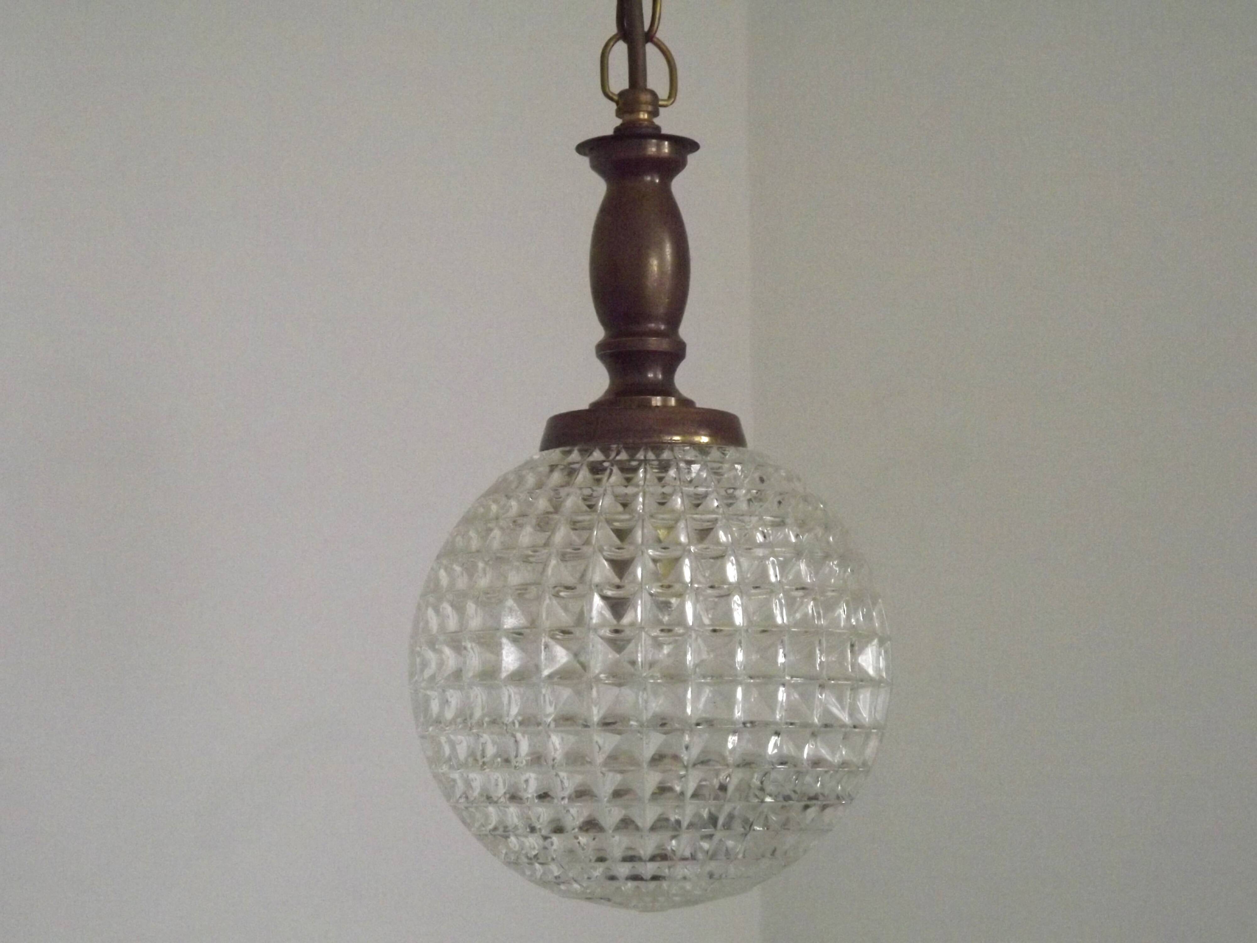 French Vintage Molded Glass & Brass Pendant Light 1970s Globe Hanging Lamp