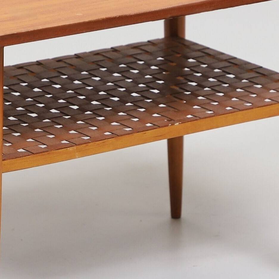 Vintage Scandinavian teak coffee table with woven shelf - 1960s
