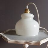 White opaline pendant lamp, linen cord