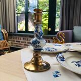 Delft brass and porcelain candlestick duo