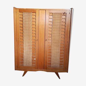 Armoire pieds compas rotin vintage