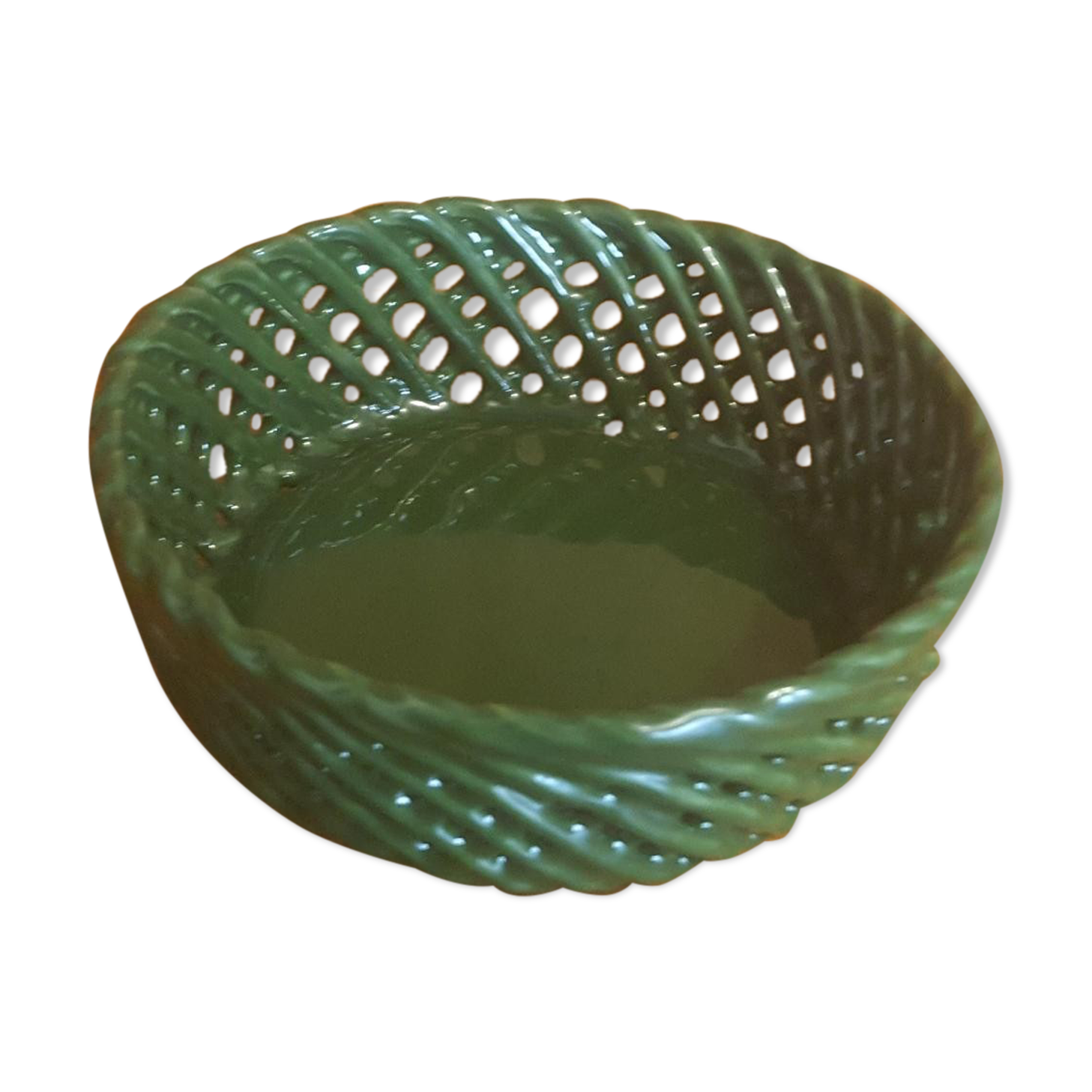 Vintage pocket empty cup in green braided ceramic basket style