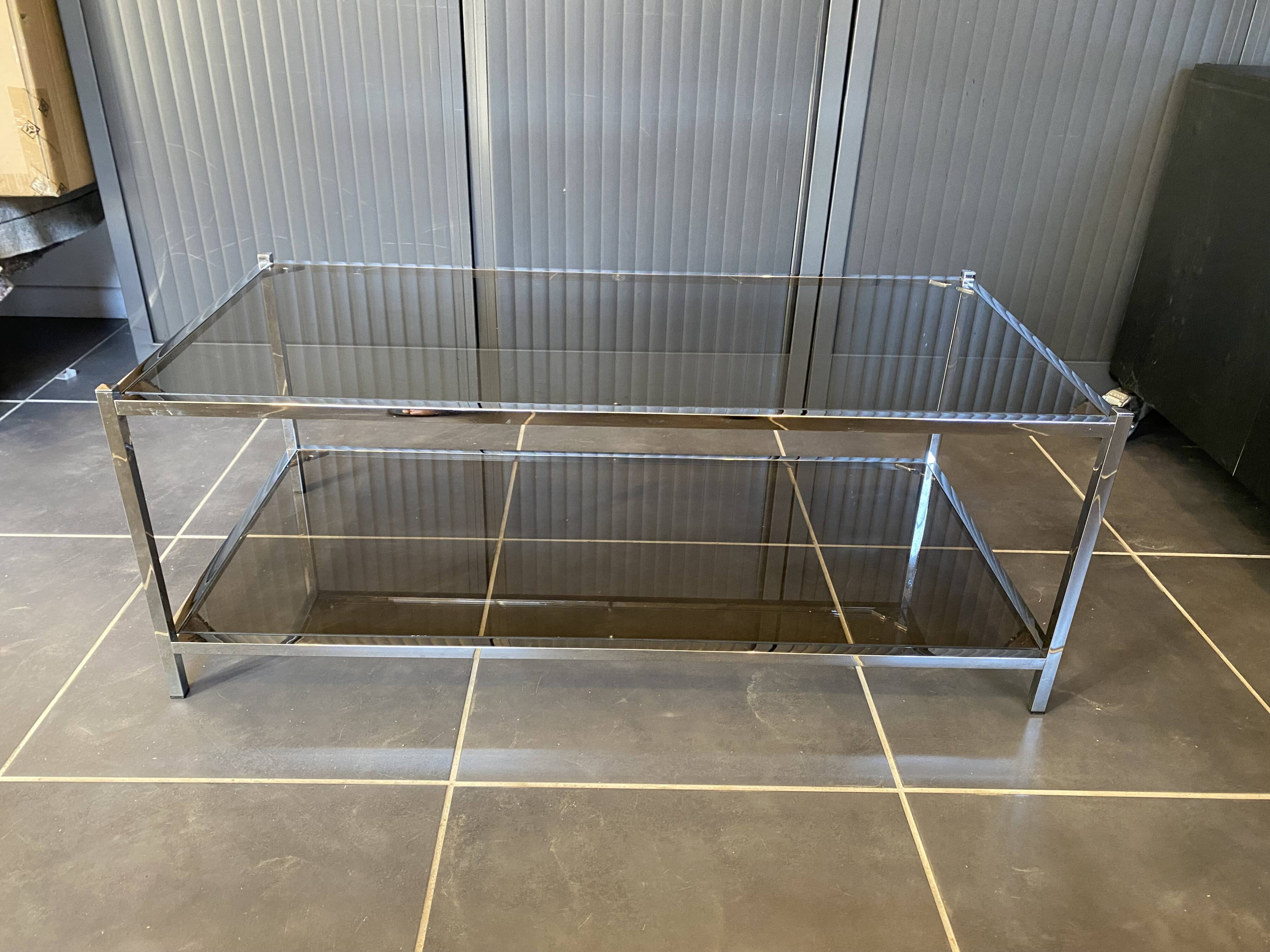 Table basse double plateau verre chrome style Bauhaus vintage 1970