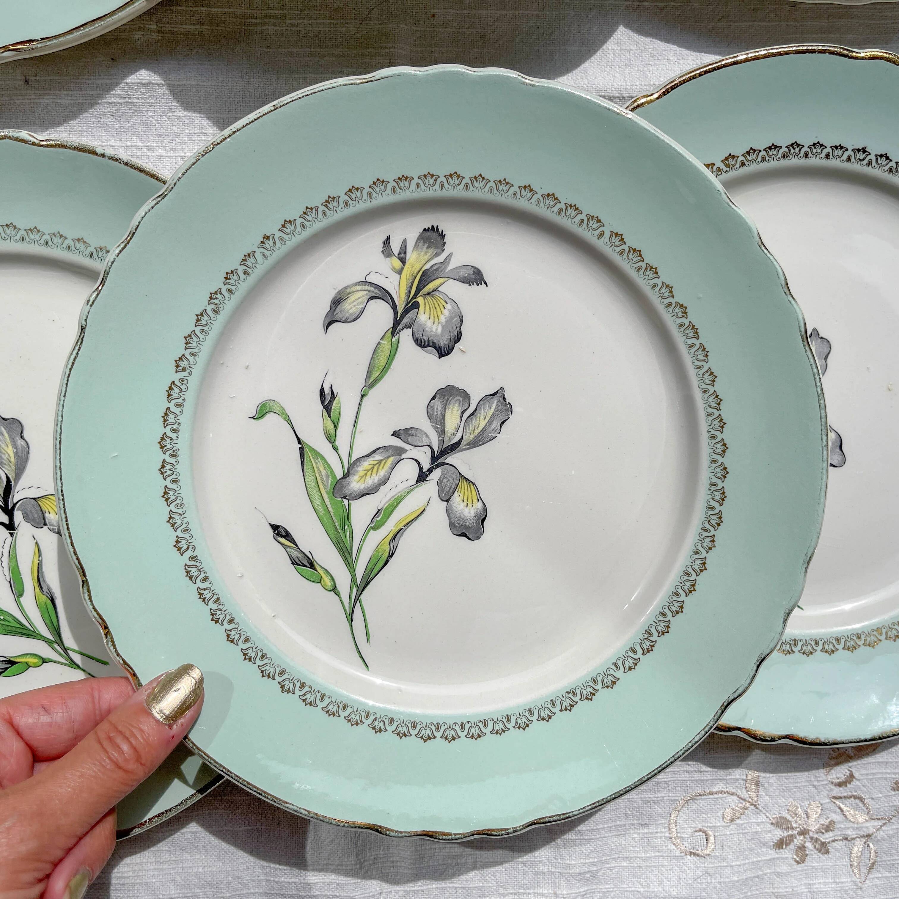 6 vintage white and green porcelain dinner plates Iris Moulin des Loups "Sargosse" 1950s