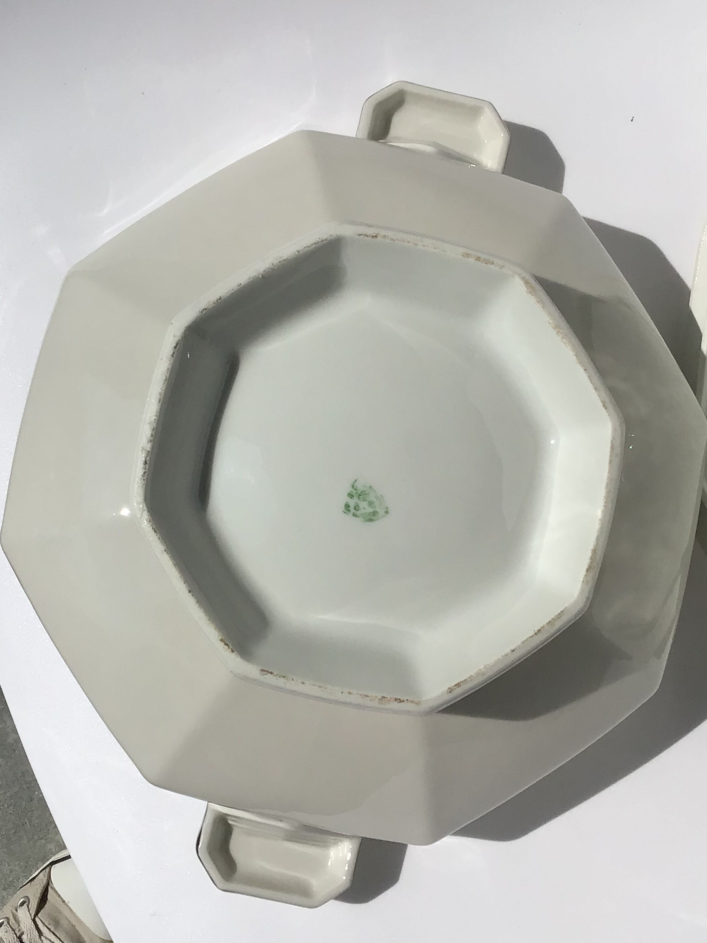 Art Deco soup tureen octagonal porcelain white silver net