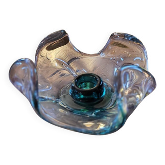 Green blown glass candlestick – organic corolla – late 20th century