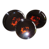 Lot de 3 plateaux noirs ronds en plastique façon laque chinoise 1980 poissons rouges