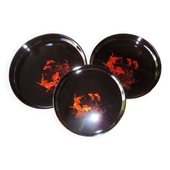 Set of 3 black round plastic trays in Chinese lacquer style 1980 goldfish