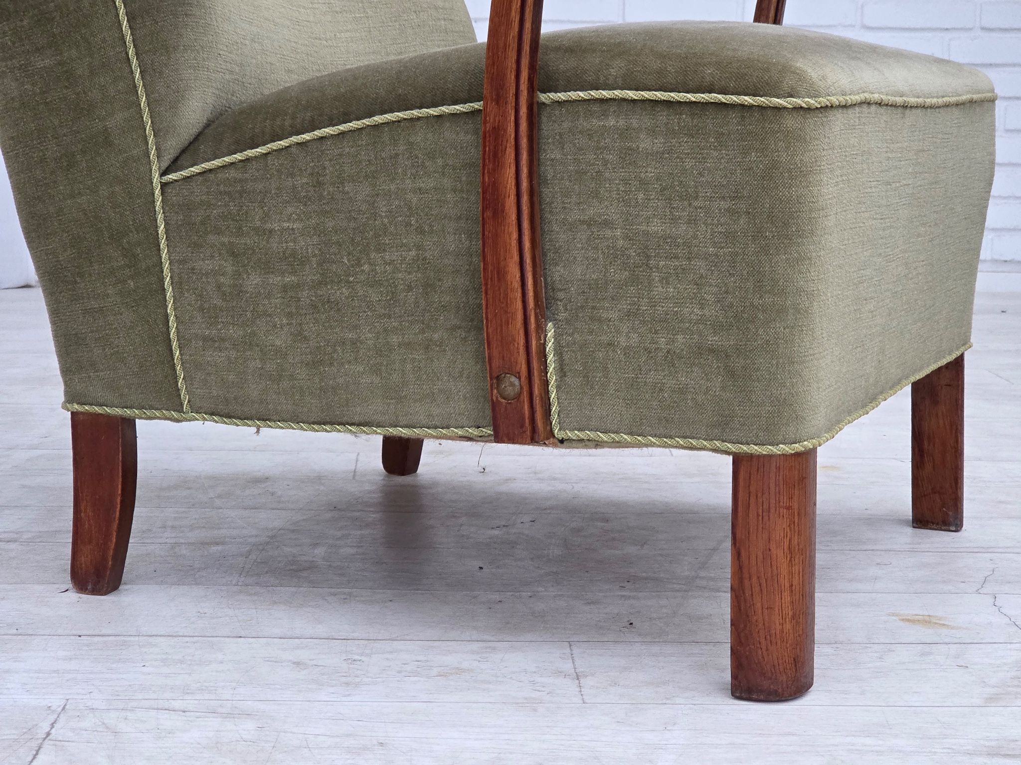1960s, Danish highback armchair, furniture velour, oak wood.