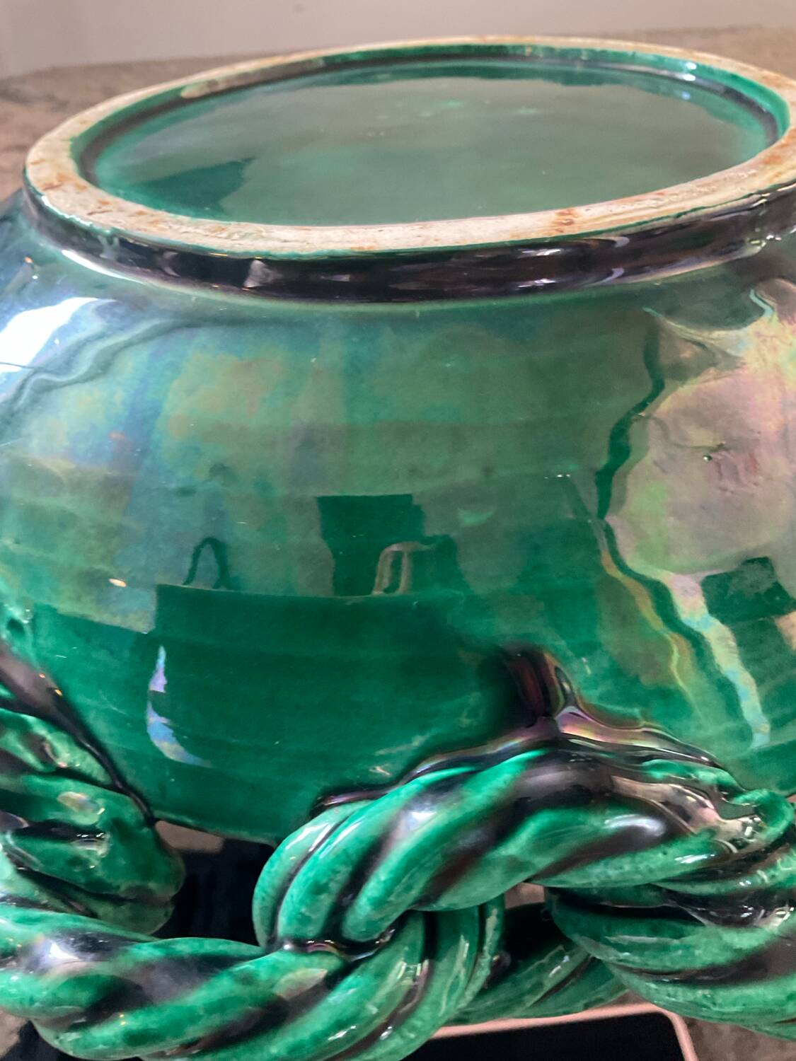 Large ceramic dish from Vallauris with green enamelled rope