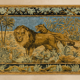 Antique wall tapestry in velvet depicting a scene with a lion and lioness.