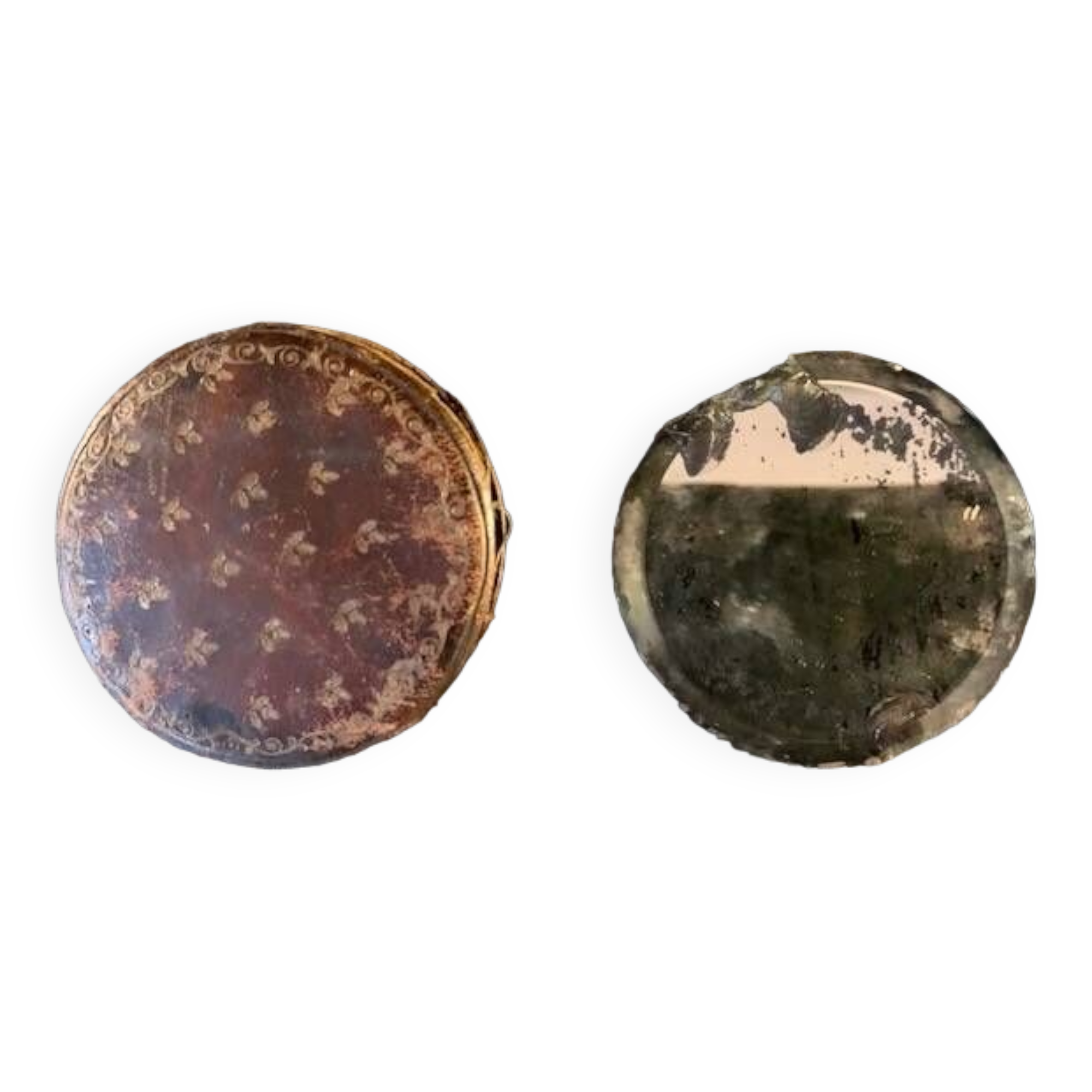 Very old round pocket mirror and leather case, 18th century