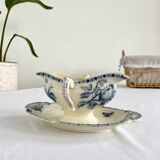 Saucière porcelain stamped Lunéville with double ivory and blue handles