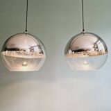 Pair of large Space Age pendant lights in clear glass and chrome, 1970s