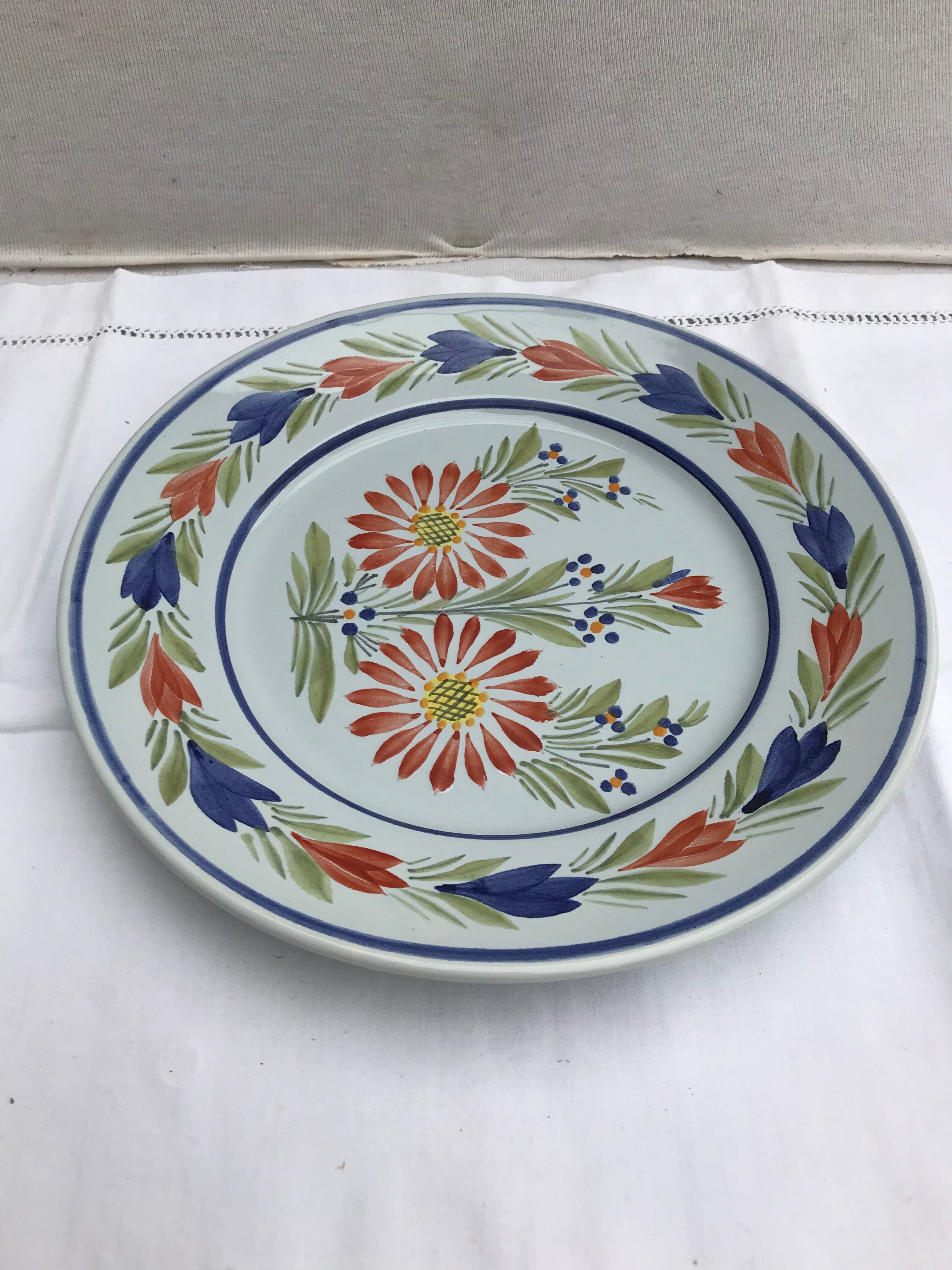 Old Plate Deco QUIMPER HB France Blue Ceramics - Vintage Painted Drawing