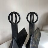 Paire de chenets modernistes mid century en fonte